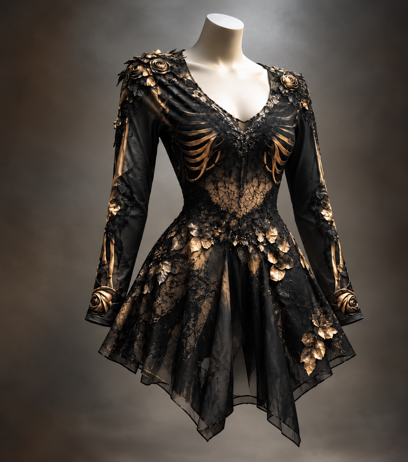Zwarte kanten minijurk met gouden ribben, gouden rozen en bladeren en een asymmetrische tule rok, getoond op een paspop. 1