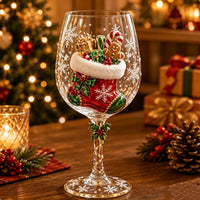 Wijnglas met 3D-kerstsok vol cadeautjes, zuurstok en peperkoekmannetje, met sneeuwvlokken op het glas 6