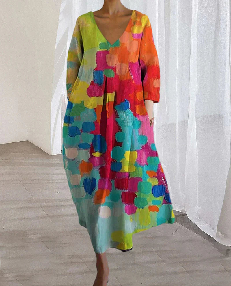 Buntes Bedrucktes Kleid mit V-Ausschnitt - Kim