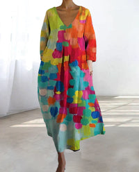Bunt bedrucktes Kleid mit V-Ausschnitt - Livia