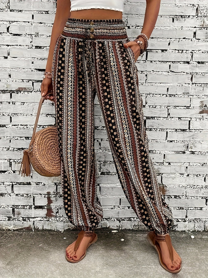 Boho-Hochbund-Damenhose mit Print & raffinierter Taille – Linara