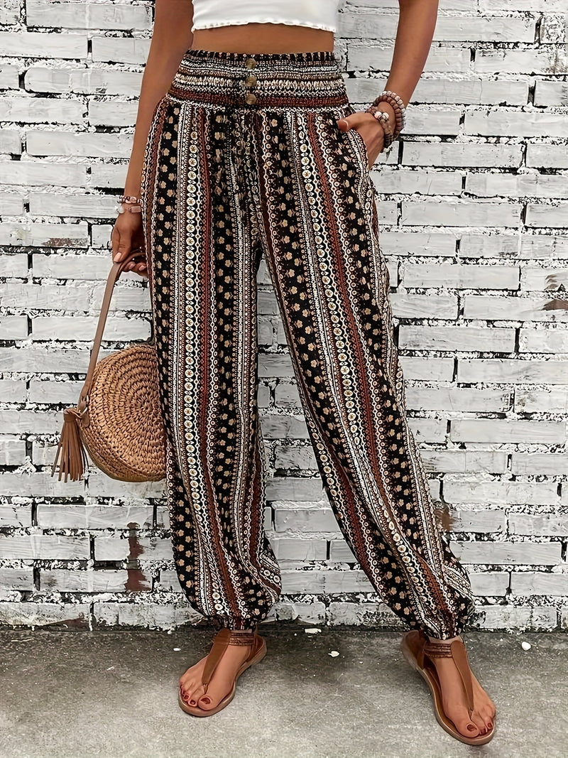 Boho-Hochbund-Damenhose mit Print & raffinierter Taille – Linara