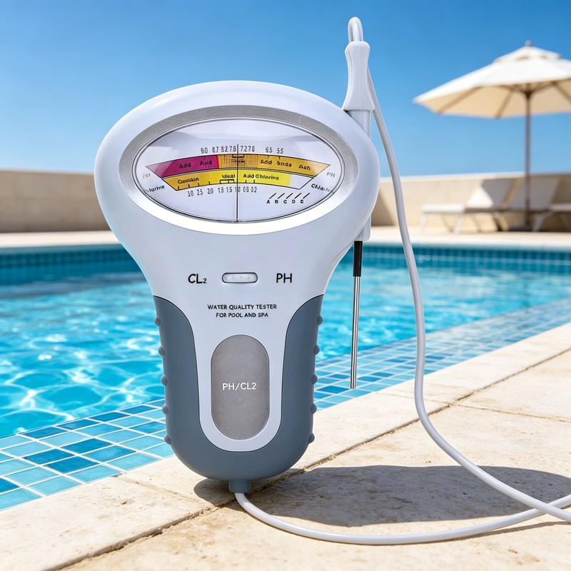 De tester staat rechtop op de zwembadrand met de sonde langs de behuizing, naast het water met een parasol op de achtergrond. 3