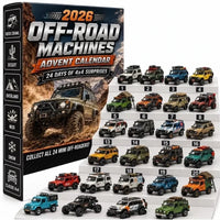 Doos van een terreinwagen-adventskalender met 24 kleurrijke miniatuur 4x4's netjes uitgestald op witte trappen ernaast 1