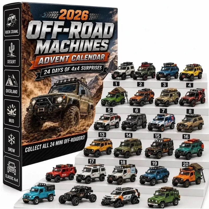 Doos van een terreinwagen-adventskalender met 24 kleurrijke miniatuur 4x4's netjes uitgestald op witte trappen ernaast 1