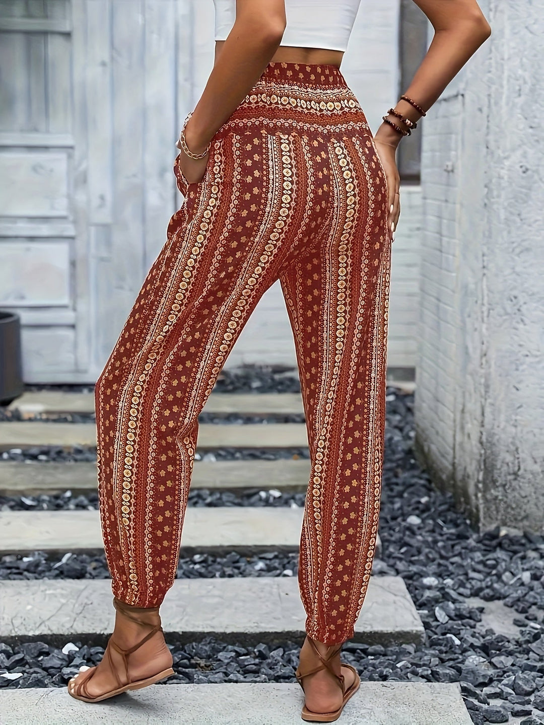 Boho-Hochbund-Damenhose mit Print & raffinierter Taille – Linara