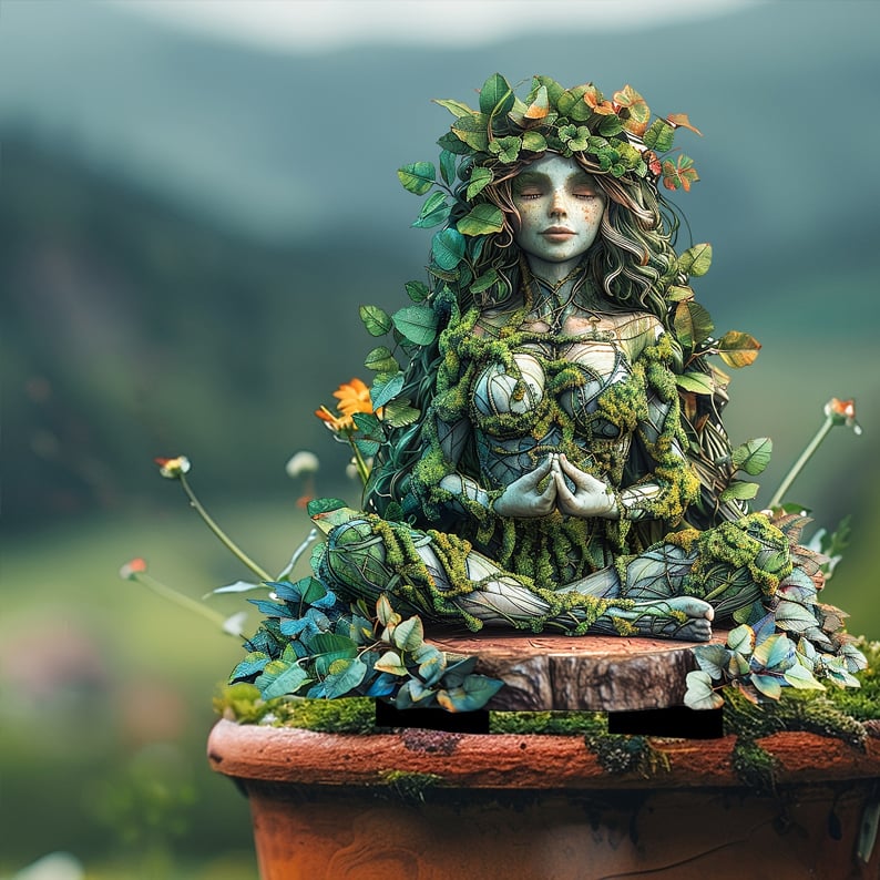 Tuinprikker van de mediterende bladvrouw, geplaatst in een terracotta pot met oranje bloemen en wazige groene heuvels erachter. 20
