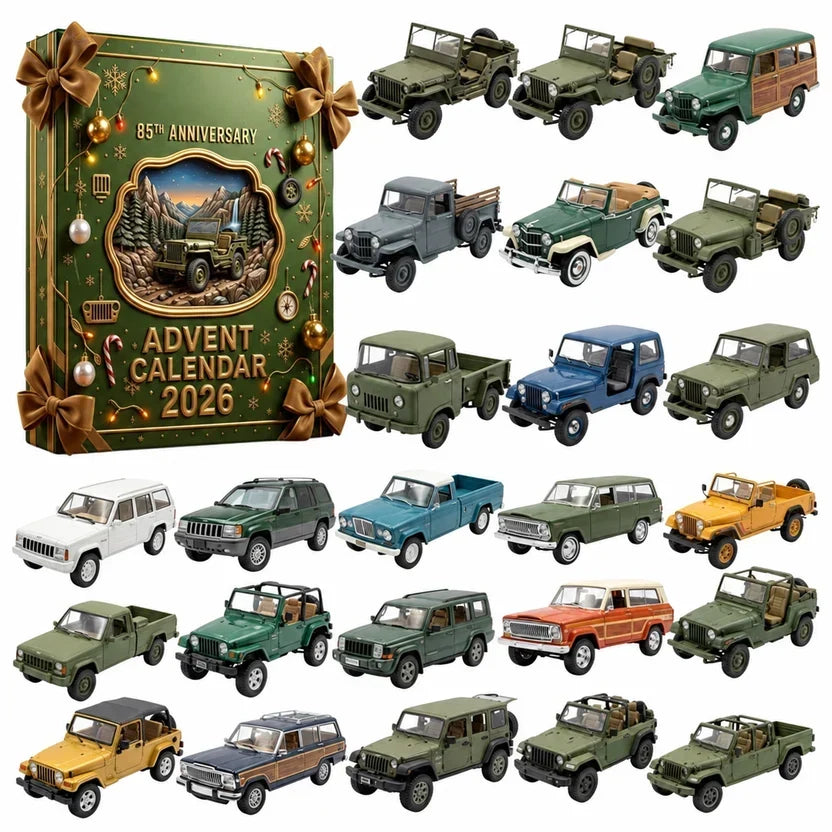 Groene kalenderdoos met strikken en lichtjes, omringd door 24 miniatuur terreinwagens, jeeps en pick-ups in groen- en 8