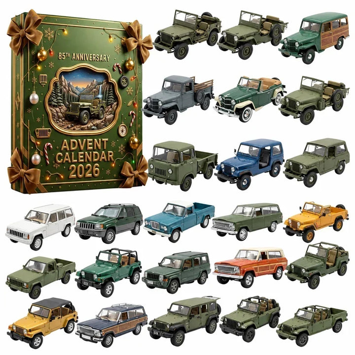 Groene kalenderdoos met strikken en lichtjes, omringd door 24 miniatuur terreinwagens, jeeps en pick-ups in groen- en 8