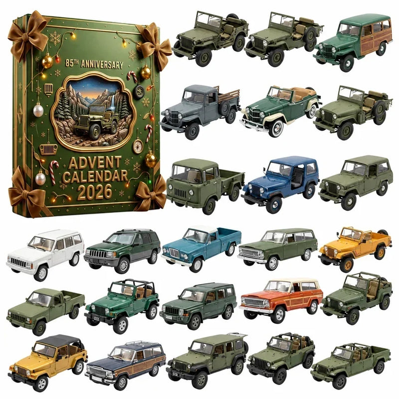 Groene kalenderdoos met strikken en lichtjes, omringd door 24 miniatuur terreinwagens, jeeps en pick-ups in groen- en 8