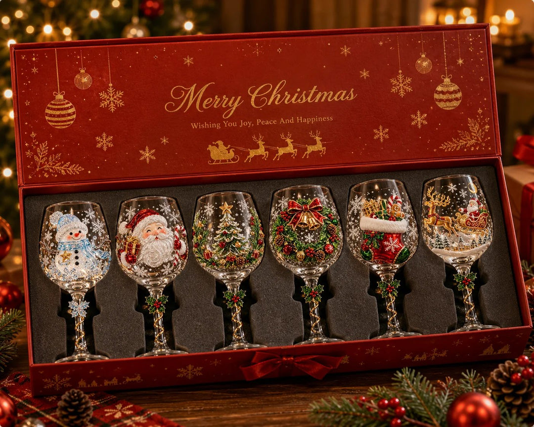 Geschenkdoos met zes verschillende 3D-kerstwijnglazen naast elkaar in schuimrubberen inlay, met strik op de doos 7