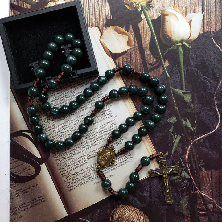 Moosachat Heilige Medaillon Kreuz Anhänger Rosenkranz Halskette - Celeste