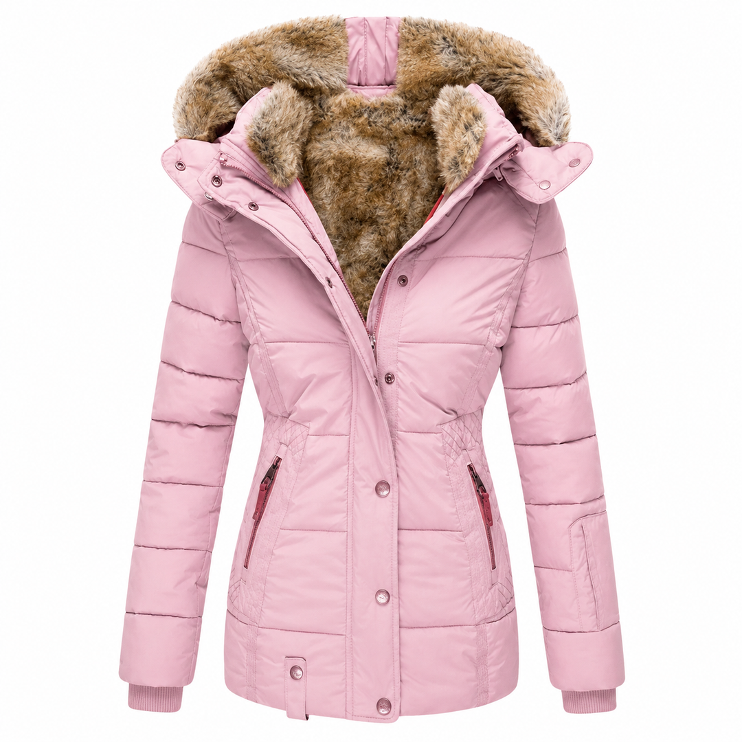 Roze gewatteerde parka voorkant, half open, met bontgevoerde capuchon en ritszakken 7