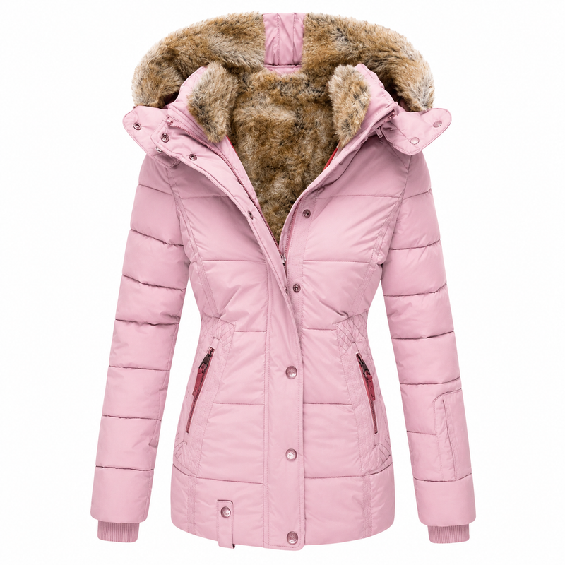 Roze gewatteerde parka voorkant, half open, met bontgevoerde capuchon en ritszakken 7