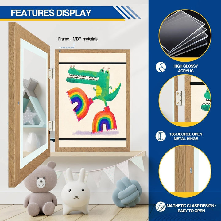 Houtkleurig frame half open met een krokodiltekening, met close-ups van acrylfront, scharnier en magnetische sluiting. 18