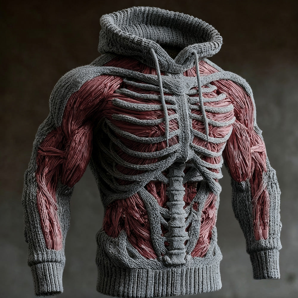 Grijze gebreide hoodie met 3D-ribbenkast en rode spiervezels op borst en armen, getoond in driekwartaanzicht van voren. 1