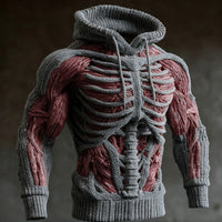 Grijze gebreide hoodie met 3D-ribbenkast en rode spiervezels op borst en armen, getoond in driekwartaanzicht van voren. 1