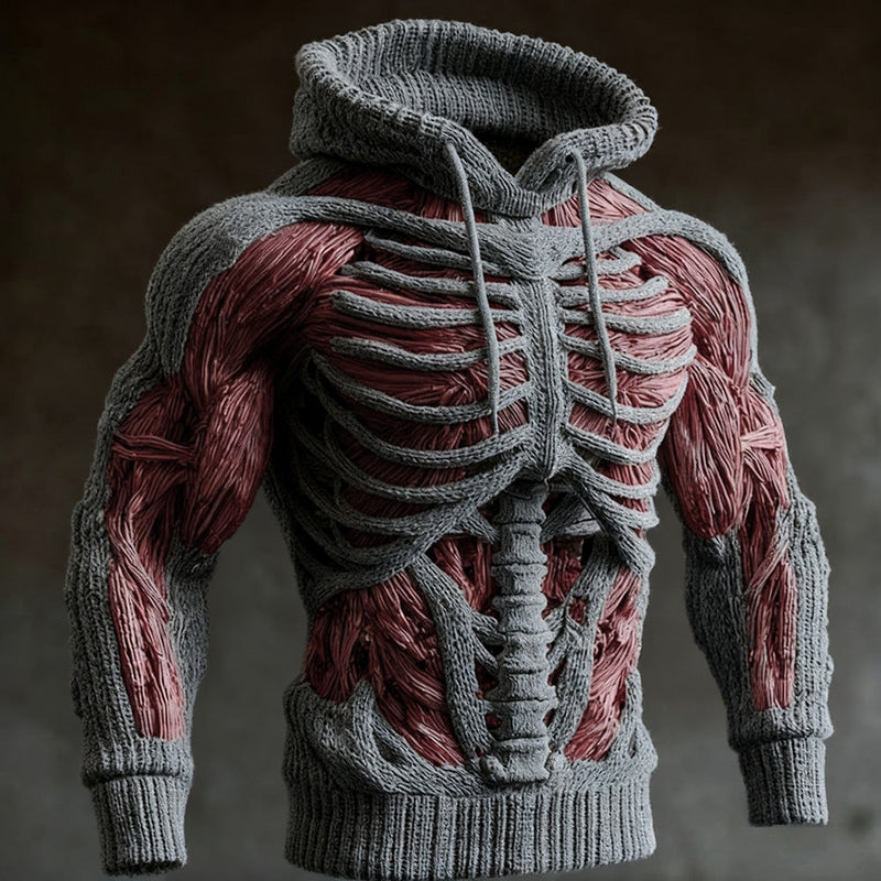 Grijze gebreide hoodie met 3D-ribbenkast en rode spiervezels op borst en armen, getoond in driekwartaanzicht van voren. 1