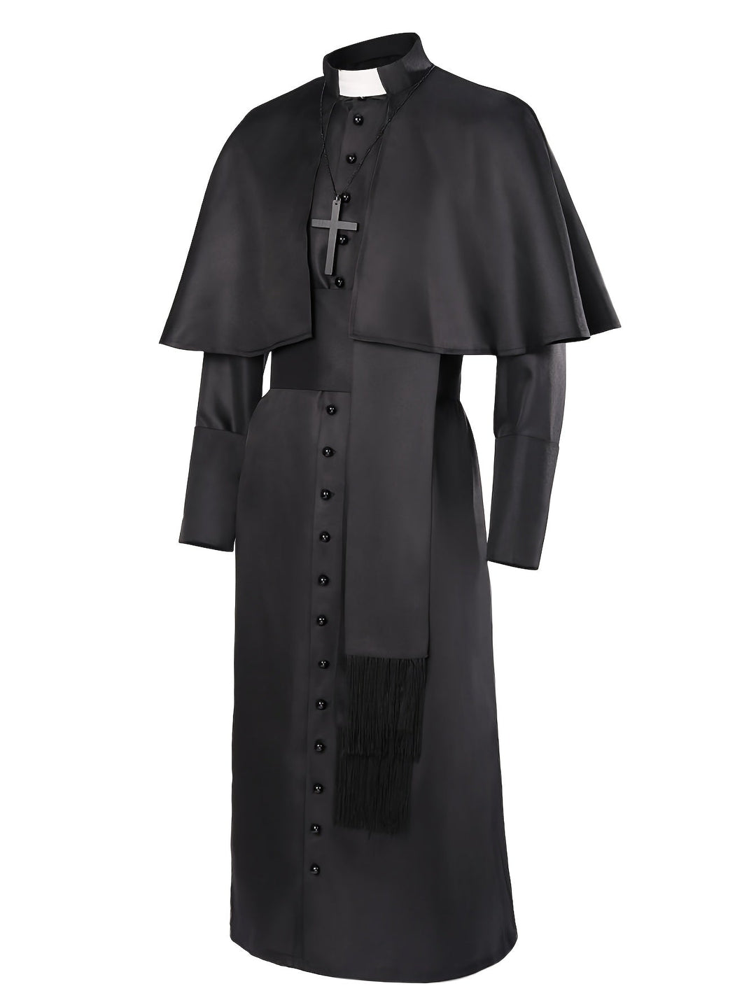 Zwart priesterkostuum schuin van voren met cape, kruisketting, witte kraag, rij knopen en franjesjerp 2