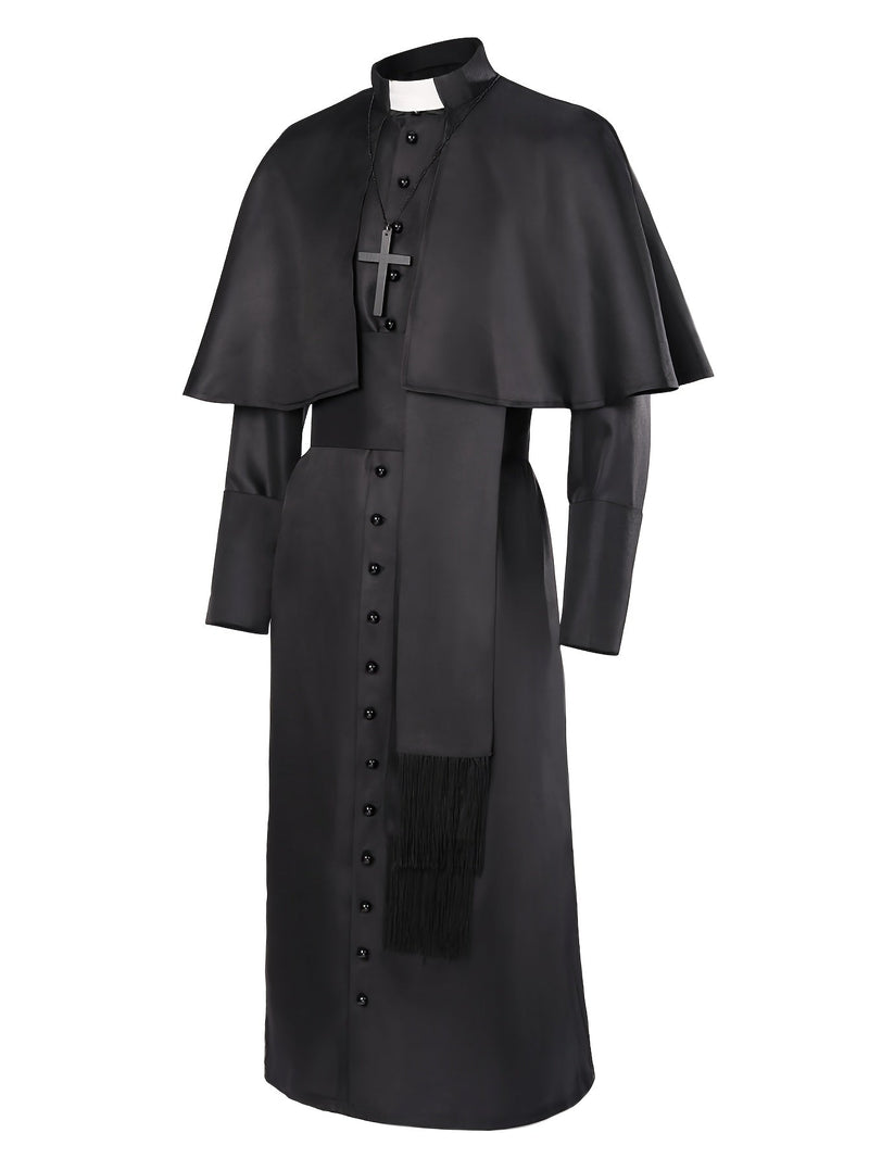 Zwart priesterkostuum schuin van voren met cape, kruisketting, witte kraag, rij knopen en franjesjerp 2