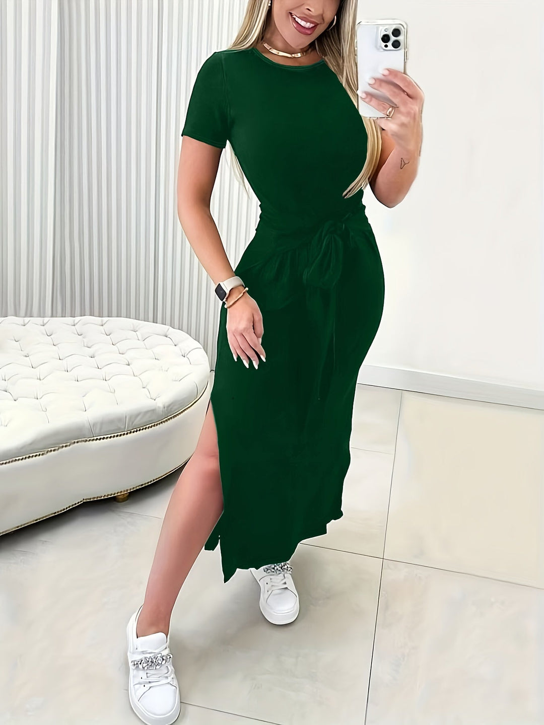 Trendy midi jurk met tailleband voor dames - zomersnit