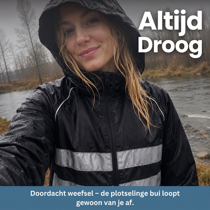 Lachende vrouw met capuchon in een zwarte jas met reflecterende strepen, nat van de regen, aan een rivier. 8