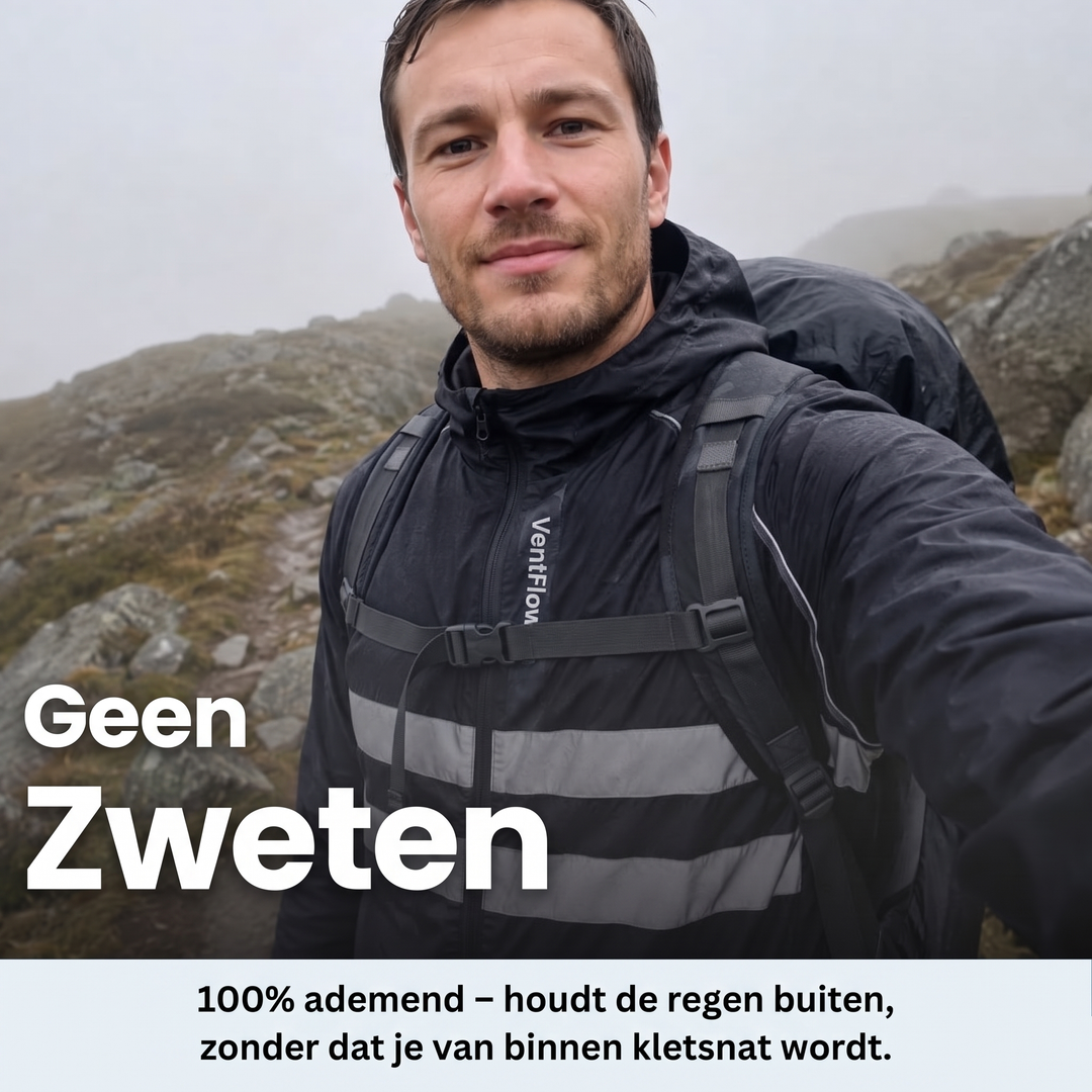 Man met rugzak draagt de zwarte jas met reflecterende strepen in de mist op een rotsachtig bergpad. 9