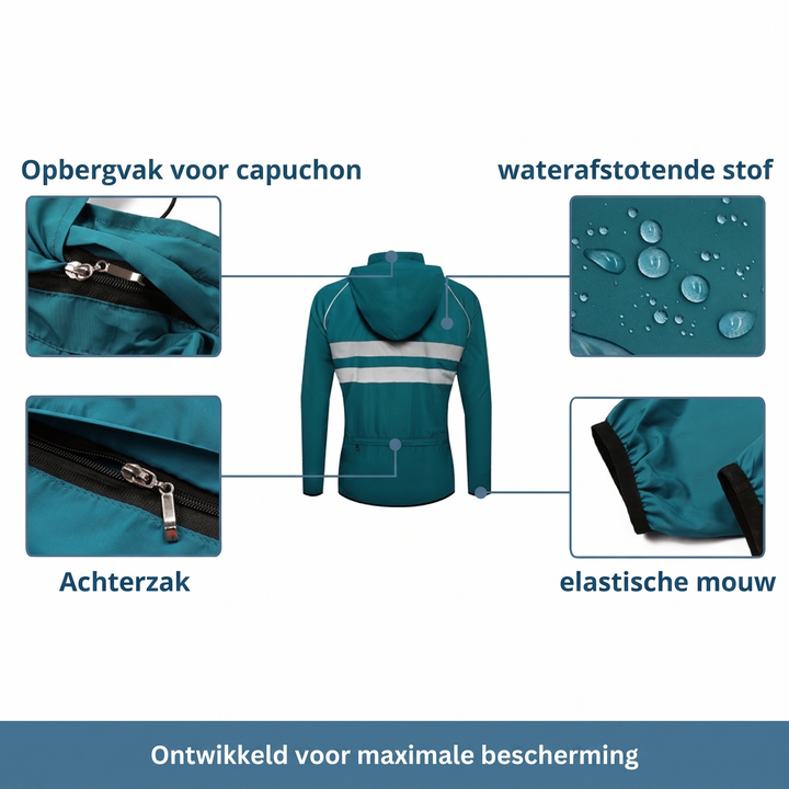 Groene jas van achteren met detailopnames van opbergvak voor de capuchon, achterzak, waterafstotende stof en elastische mouwboord. 12