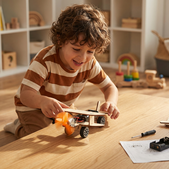 Lachend kind speelt op een tafel met een houten tweedekker met wieltjes, elektromotor en draaiende oranje propeller. 5