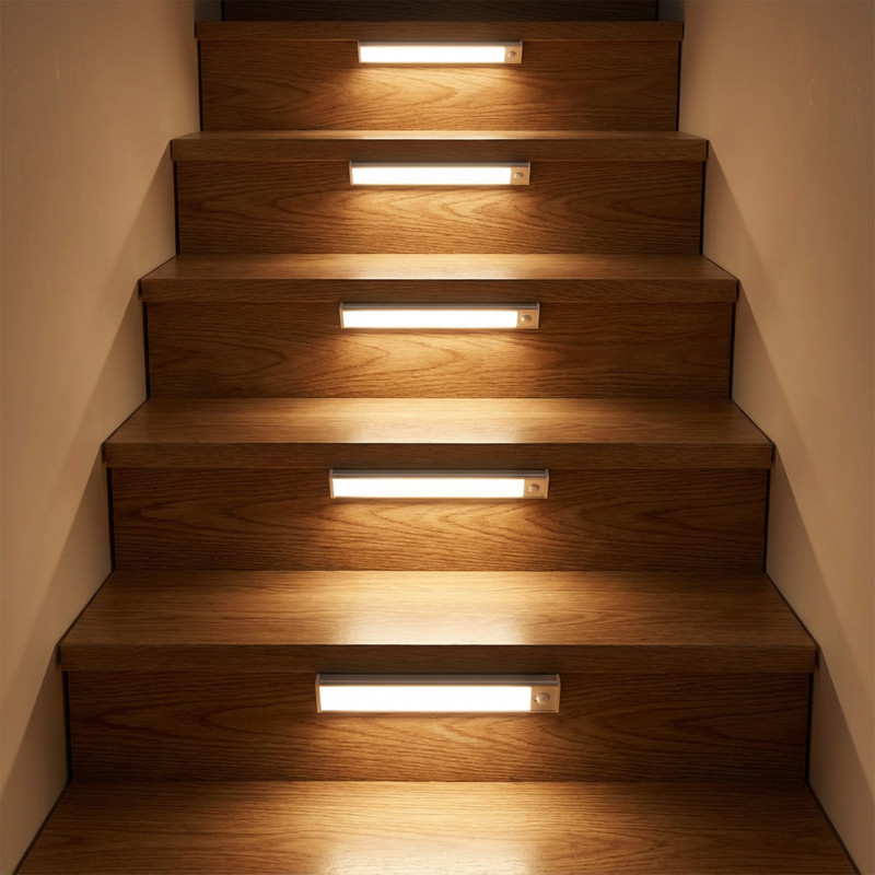 Vijf lichtbalken op de stootborden van een houten trap, die elke trede in warm licht zetten. 2