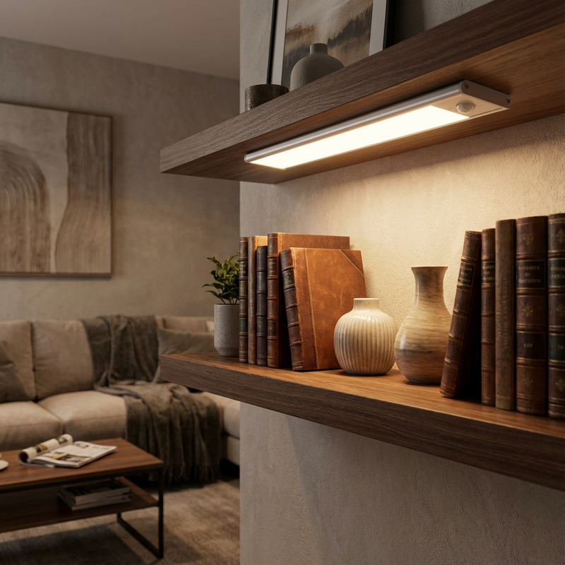 Lichtbalk onder een zwevende houten wandplank in een woonkamer, die oude boeken en vazen op de plank eronder verlicht. 5