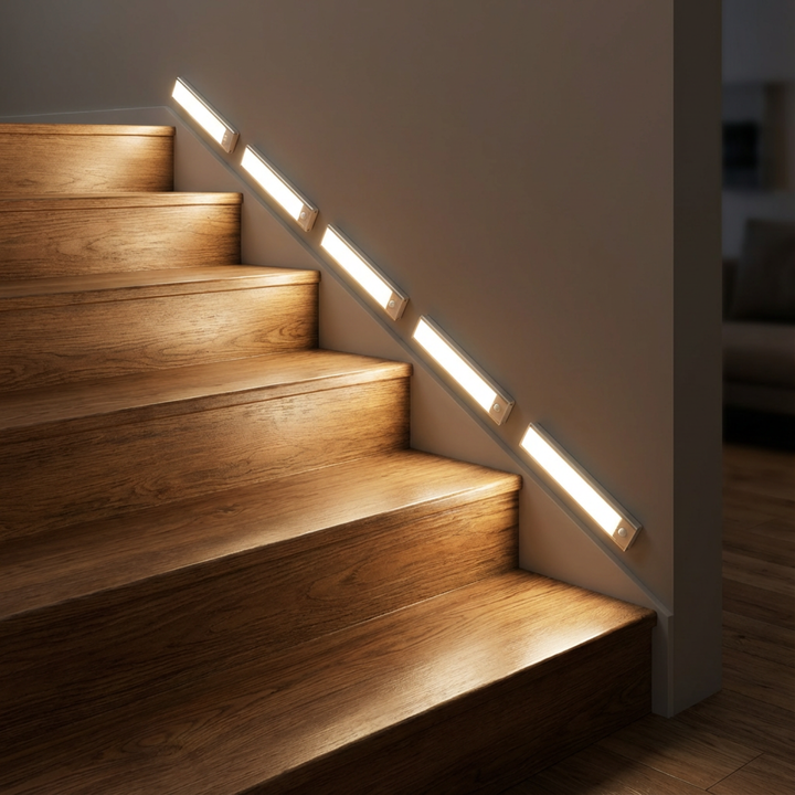 Rij lichtbalken schuin langs de muur naast een houten trap, die de treden in de avond verlichten. 3