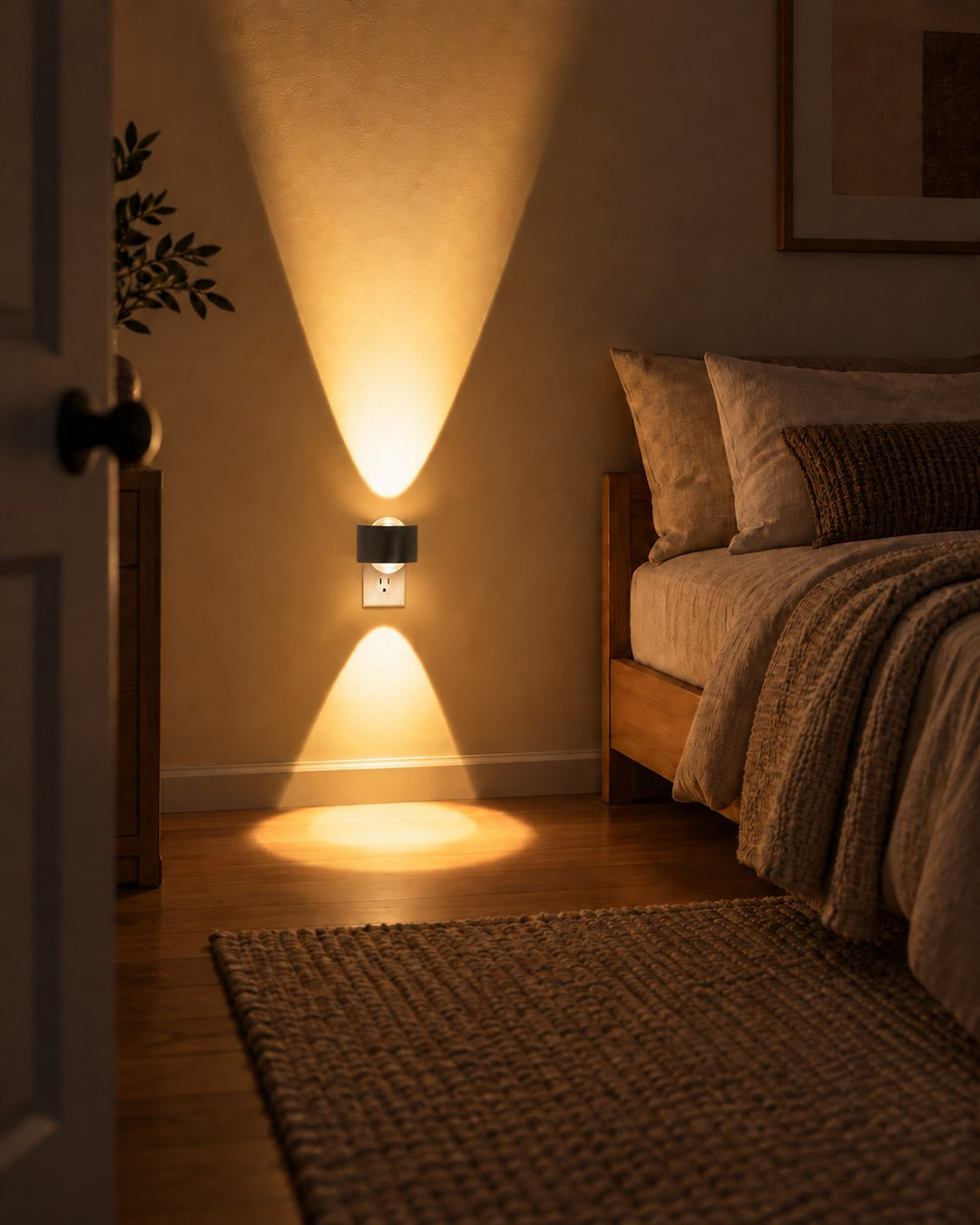 Zwarte stekkerlamp in een slaapkamer naast het bed, met lichtbundels omhoog en omlaag tot op de houten vloer 2