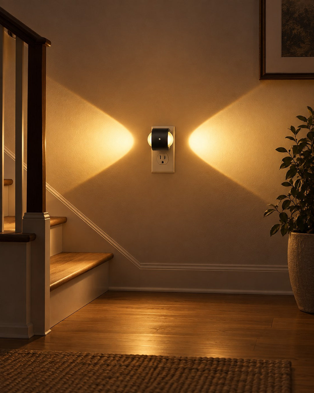 Stekkerlamp in een gang bij de trap, met warme lichtbundels die naar links en rechts langs de muur schijnen 3