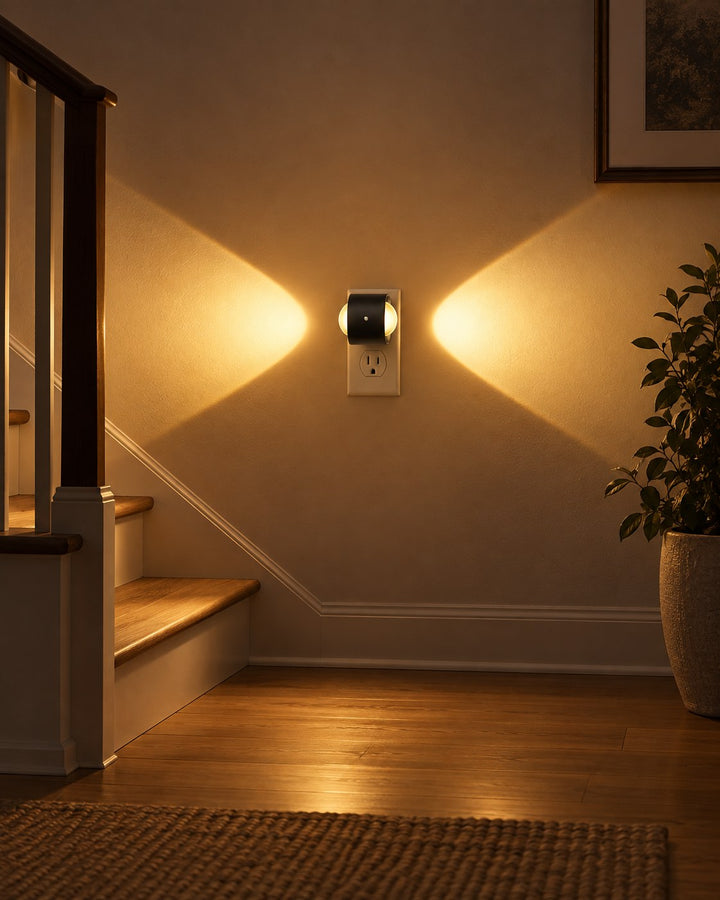 Stekkerlamp in een gang bij de trap, met warme lichtbundels die naar links en rechts langs de muur schijnen 3