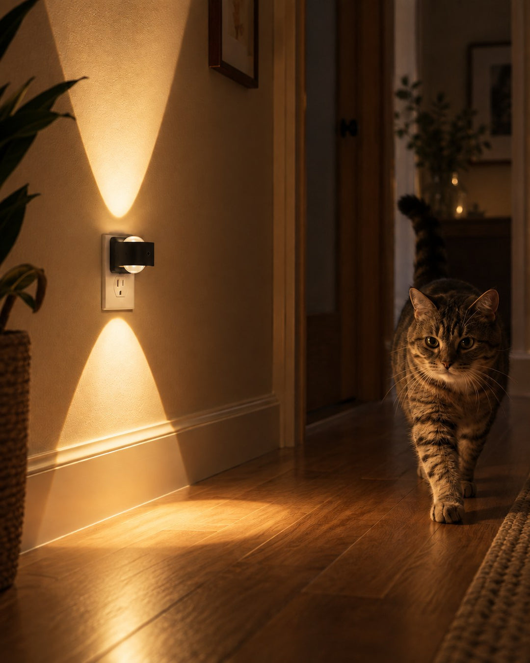 Zwarte stekkerlamp in een gang met een rondlopende kat op de houten vloer, licht schijnt omhoog en omlaag 4