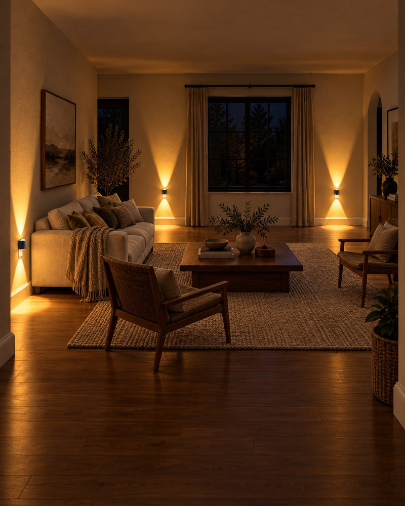 Meerdere stekkerlampen geven zacht licht in een woonkamer met bank, fauteuils, salontafel en houten vloer 6