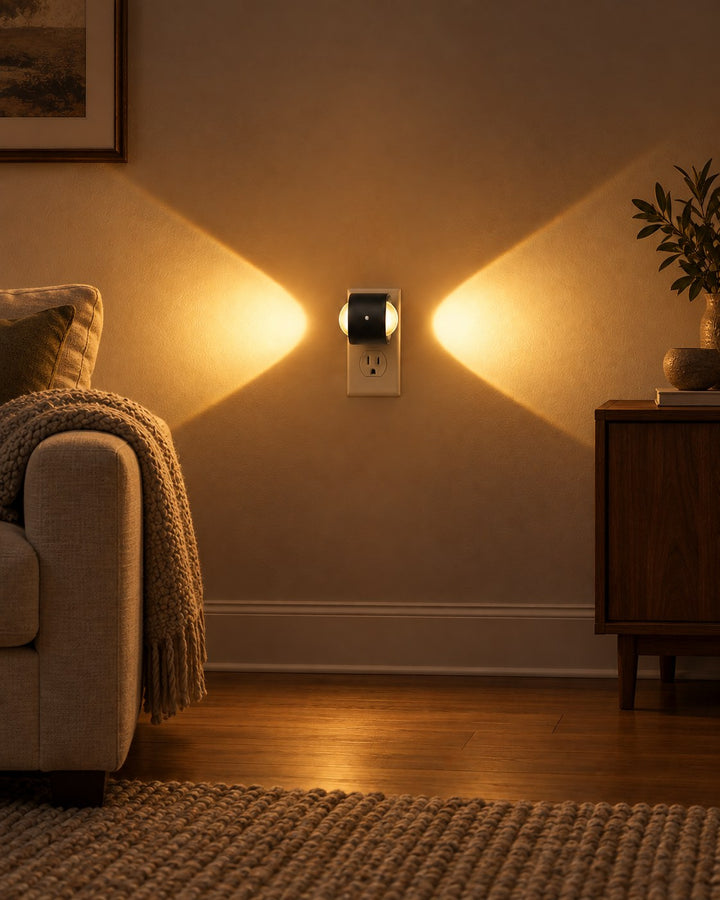 Stekkerlamp naast een bank en dressoir, met warme lichtbundels die opzij over de muur schijnen 8