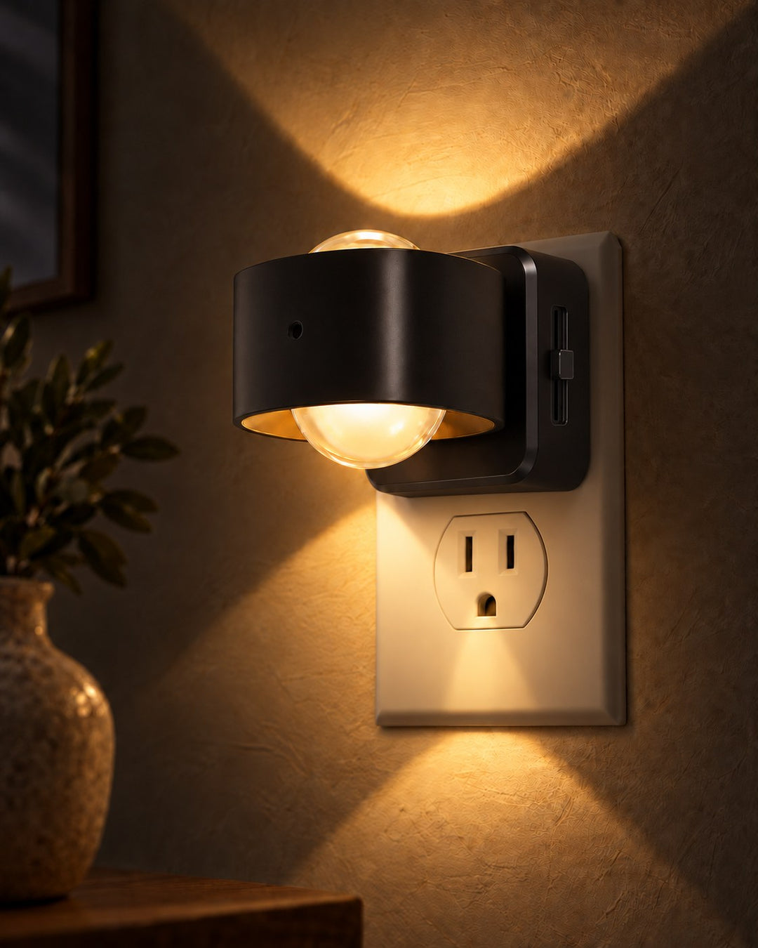 Close-up van de zwarte stekkerlamp in een stopcontact, met warm licht omhoog en omlaag en een schuifregelaar opzij 1