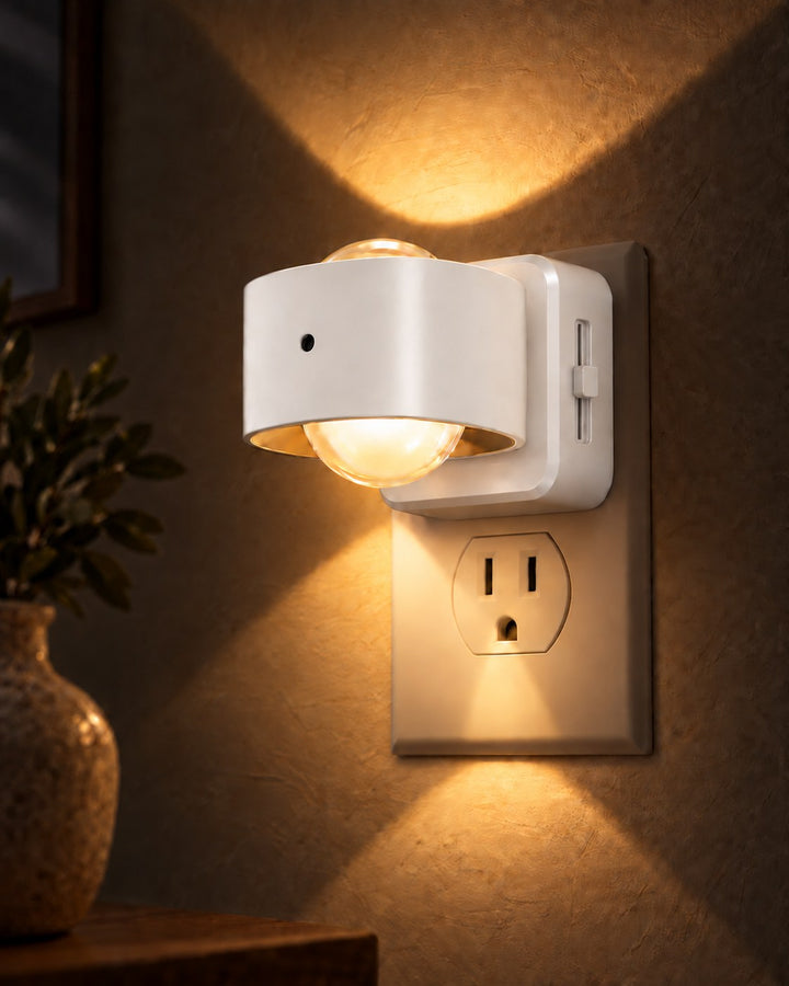 Close-up van de witte uitvoering van de stekkerlamp in het stopcontact, met schuifregelaar en warm licht omhoog en omlaag 9