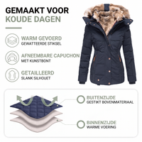 Infographic met de donkerblauwe parka en een doorsnede van gestikte buitenlaag en warme voering 2