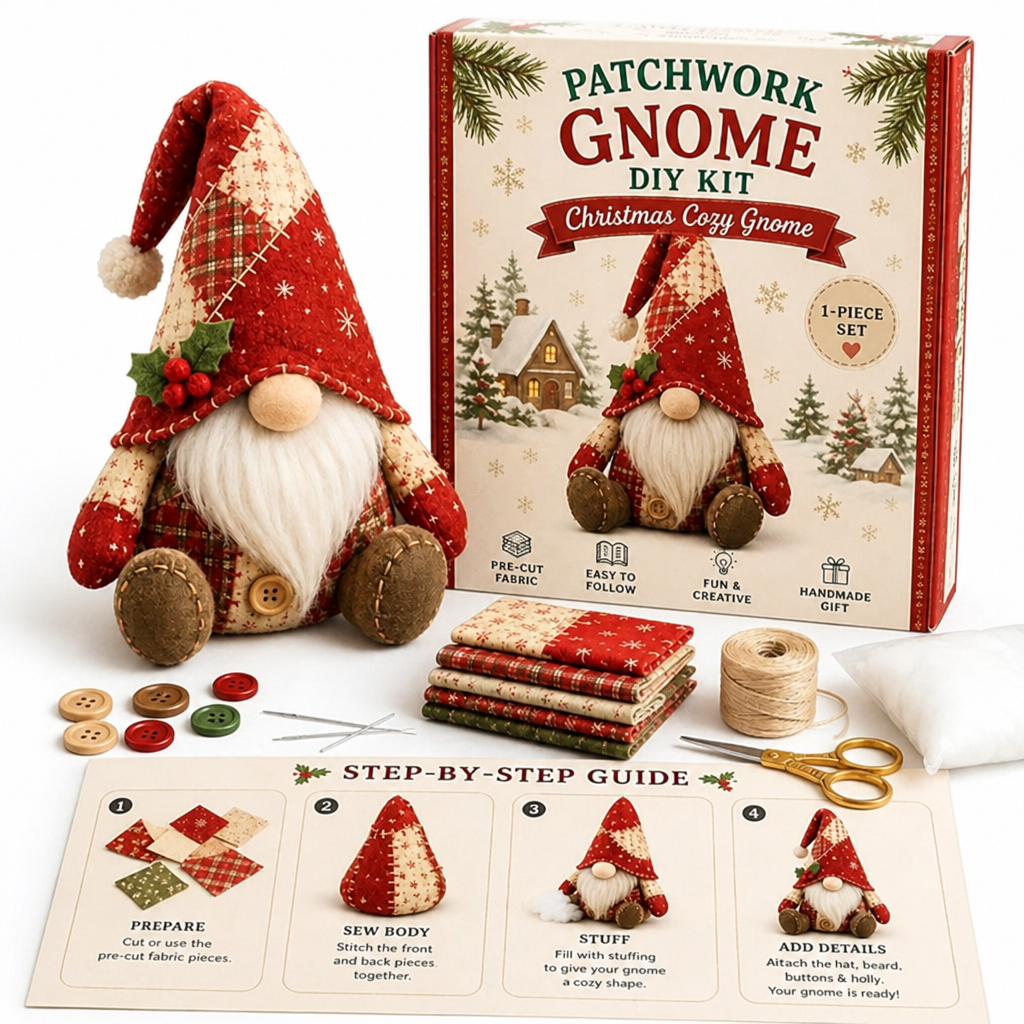 Rode kerstkabouter met hulsttakje en pompon naast de doos, voorgesneden stofjes, knopen, schaar en stappengids 13