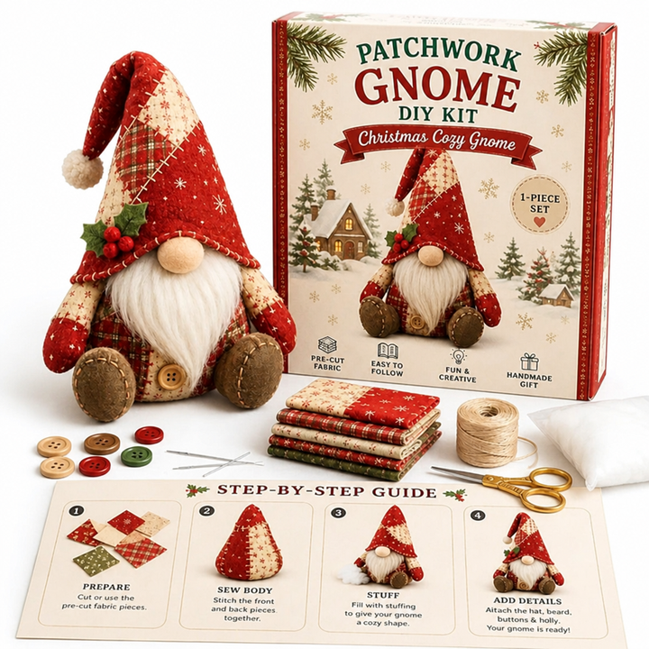 Rode kerstkabouter met hulsttakje en pompon naast de doos, voorgesneden stofjes, knopen, schaar en stappengids 13