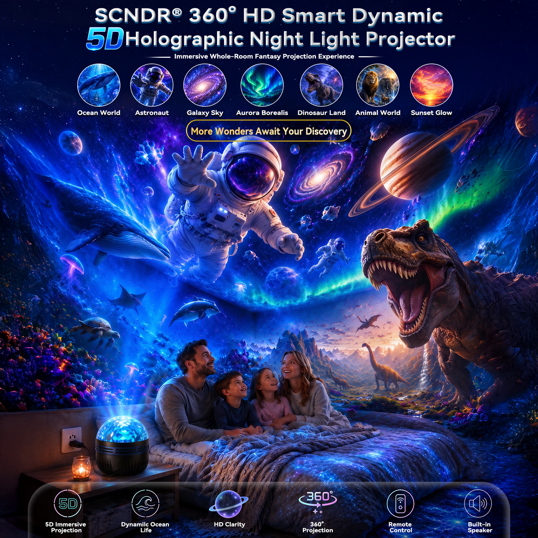 Gezin op bed kijkt naar een kamer vol projecties van ruimte, oceaan en dinosaurussen, met de projector op het nachtkastje. 1