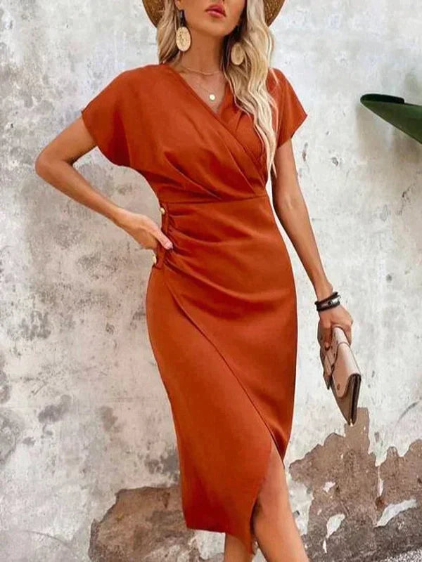 Stilvolles Oranges V-Ausschnitt Midikleid - Ruby