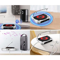 Collage van vier opstellingen: draadloos verbonden met een speaker via Bluetooth, op tafel, met aangesloten kabel en met oordopjes. 2