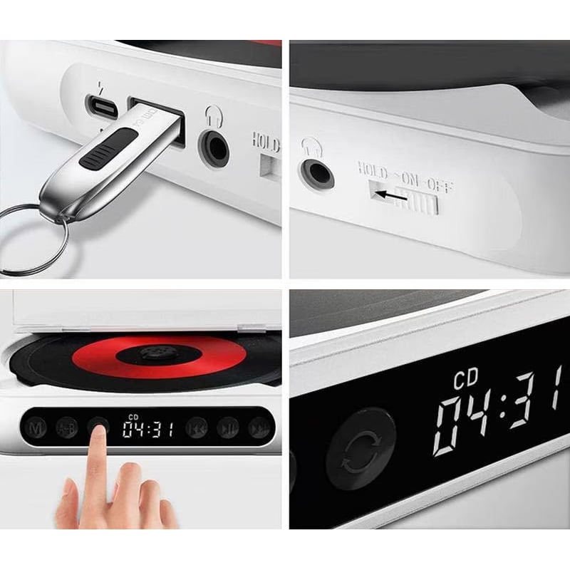 Vier detailbeelden van de aansluitingen voor USB-stick en koptelefoon, de aan/uit-schuif, de bedieningsknoppen en het klokdisplay. 3