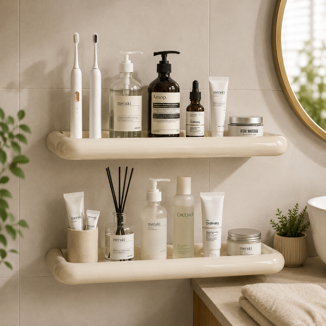 Twee crèmekleurige wandplankjes met afgeronde randen in een badkamer, gevuld met zeepflessen, crèmes en een geurverspreider 2