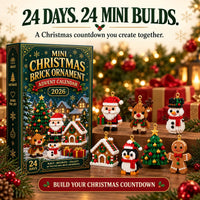 Doos met zeven gebouwde figuurtjes op een houten verhoging: kerstman, rendier, sneeuwman, huisje, pinguïn, kerstboom en peperkoekman. 8