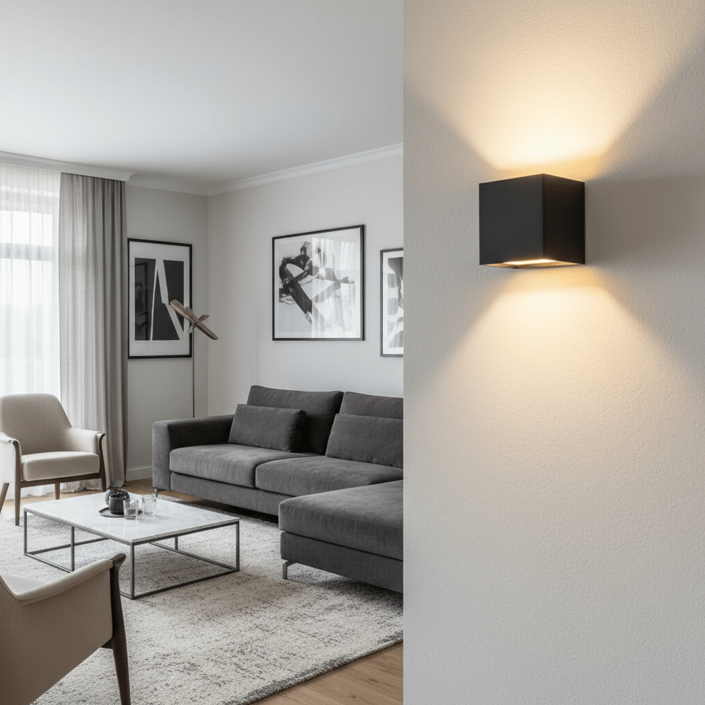 Zwarte kubusvormige wandlamp op de voorgrond met een warme lichtbundel naar boven en beneden, met een woonkamer met grijze hoekbank op de achtergrond. 2